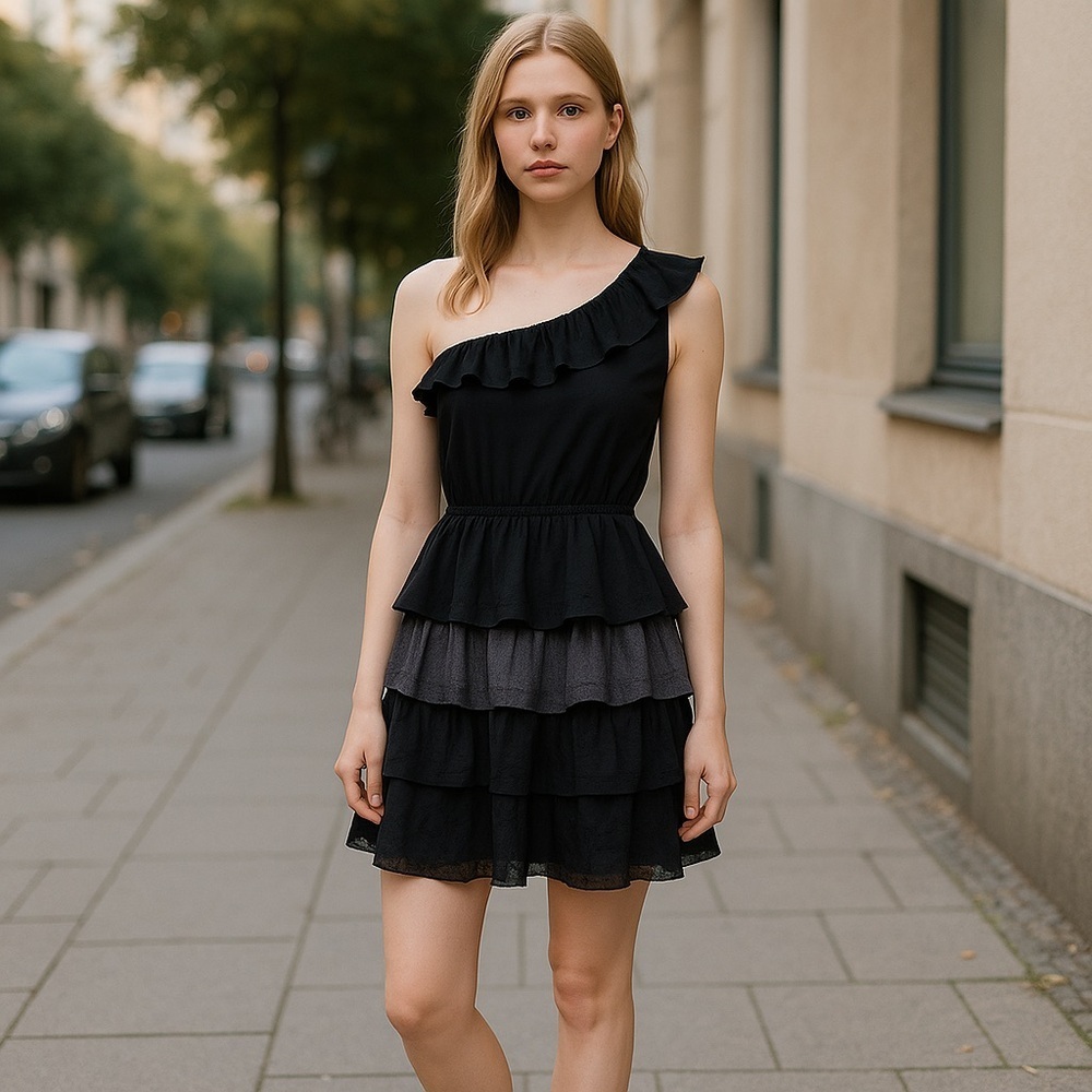 MISHUMO Women’s Size M Black Ruffle Tiered Elastic Waist One Shoulder Dress